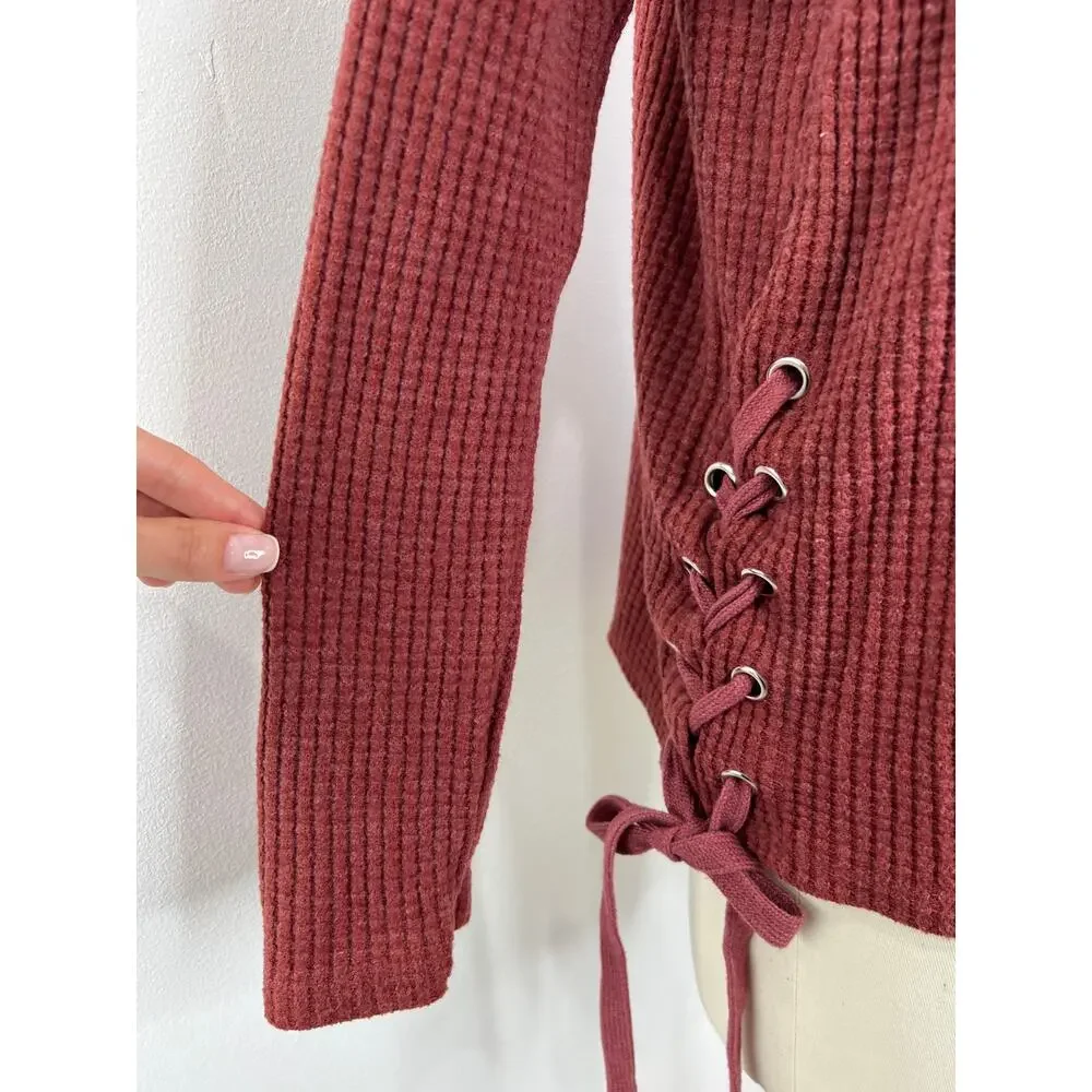 Z Supply Mauve Long Sleeve Waffle Knit Lace-Up Side Cotton Blend Top M NWOT